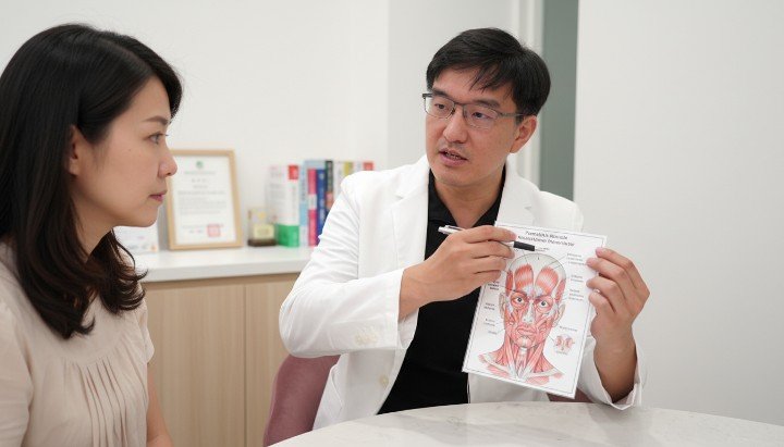 醫師說明額肌構造與抬頭紋成因 比較各品牌肉毒改善抬頭紋差異 醫師進行抬頭紋精準點位注射 抬頭紋術後自然平滑的額頭成果