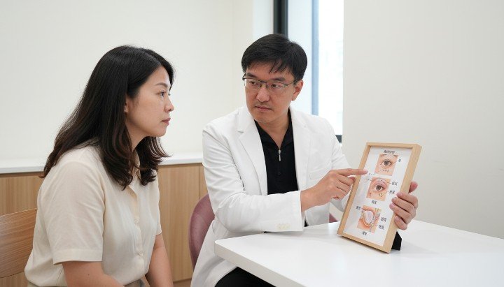 醫師分析非侵入性消除眼袋方法流程 醫美診所內進行消除眼袋方法療程環境 患者諮詢不同消除眼袋方法差異與效果 玻尿酸填補搭配消除眼袋方法術後對比