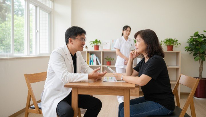 醫師手拿瘦瘦筆解說原理減肥針局部 患者諮詢全身減脂差異減肥針局部 專業診所環境提供療程減肥針局部 對比局部雕塑與全身效果減肥針局部