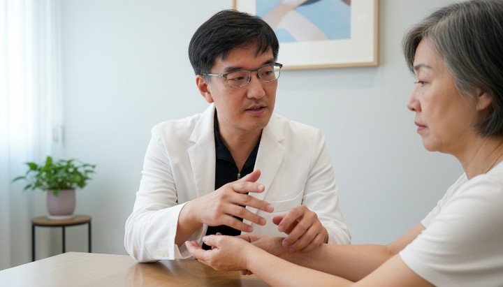 診間醫師說明醫學美容感染風險預防 放大觀察皮膚避免醫學美容感染風險 專業藥劑包裝降低醫學美容感染風險 患者諮詢如何應對醫學美容感染風險