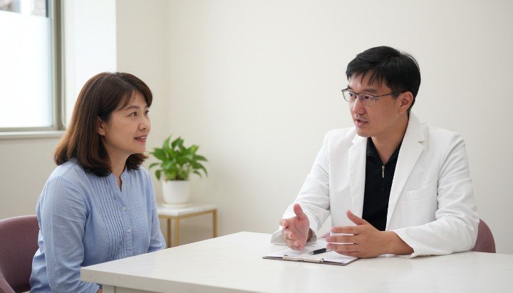 專業醫師正在進行內開消除眼袋評估 診所內展示內開消除眼袋術後效果圖 醫療團隊準備內開消除眼袋手術器械 患者諮詢內開消除眼袋療程細節過程