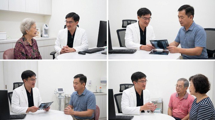 醫師於診間說明再生療法副作用風險 實驗室純化製備與再生療法副作用關聯 關節注射過程及再生療法副作用評估 專業諮詢確認無再生療法副作用禁忌