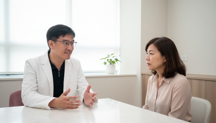 醫師在診間向患者解說抗生素治療細節 藥瓶與處方箋特寫輔助抗生素治療衛教 顯微鏡下的痤瘡桿菌示意抗生素治療效果