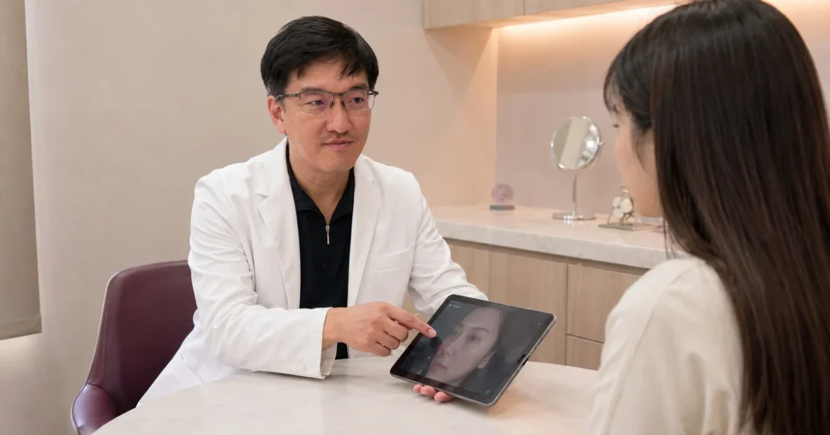 吳醫師在診間說明臉型立體度不足的成因，光線明亮。