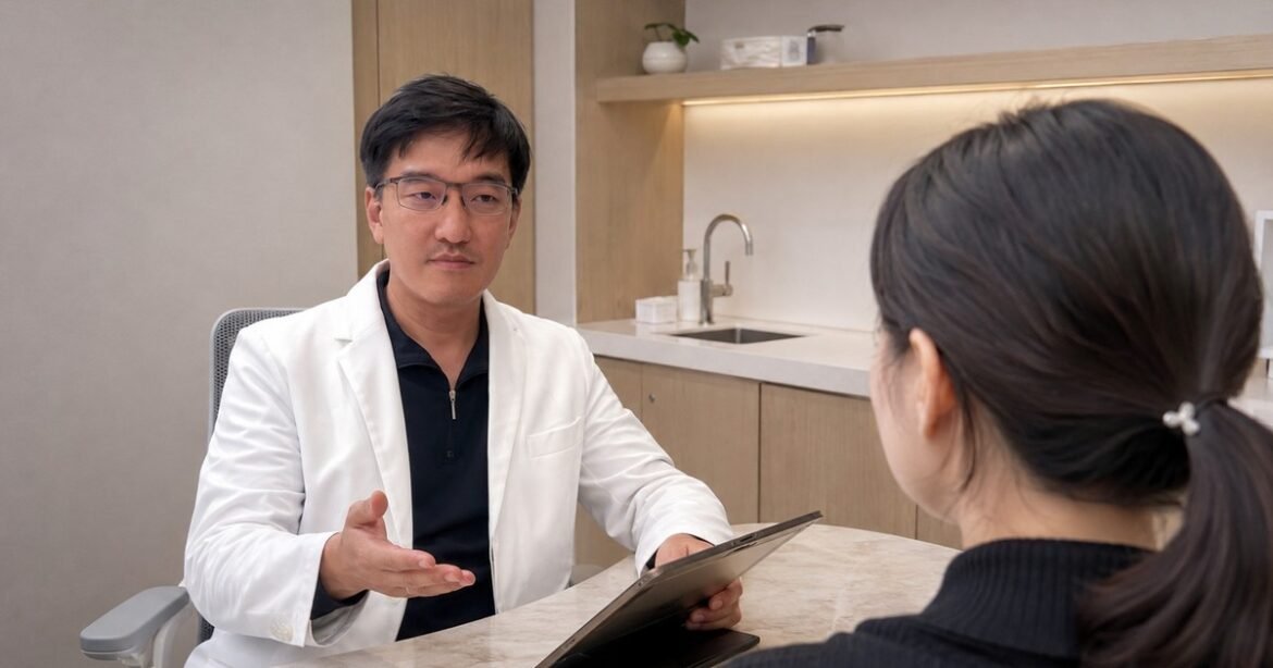 吳芮醫師細心講解電音波療程說明注意事項，幫助顧客理解。