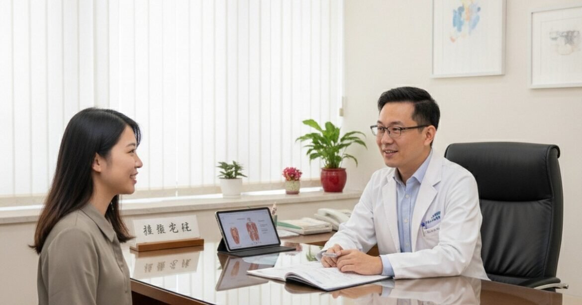 吳芮醫師分析懶人包：一位專業醫師正在診間仔細為患者講解外泌體療程。