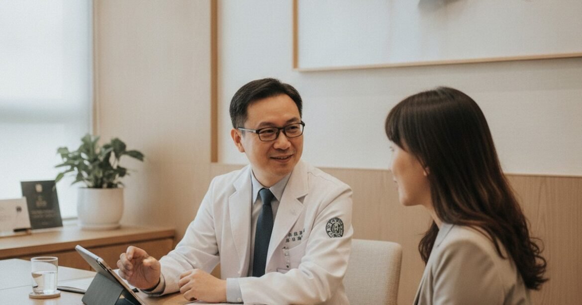 吳芮醫師正在向患者解釋音波拉提的原理與術前評估的重要性